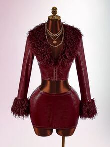 Amplova Women's Lace & Fur Trim 2 Pieces Set, Sexy Avant-Garde Ultra Low Waist Skirt With Side Ruching, Fur Trim Cuffs, Fitted Button-Down Top, Suitable For Date Outfits - Burgundy - View 4