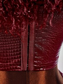 Amplova Women's Lace & Fur Trim 2 Pieces Set, Sexy Avant-Garde Ultra Low Waist Skirt With Side Ruching, Fur Trim Cuffs, Fitted Button-Down Top, Suitable For Date Outfits - Burgundy - View 7