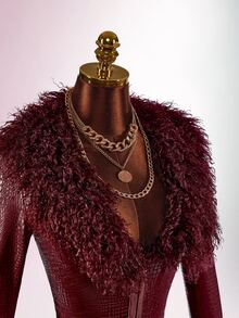 Amplova Women's Lace & Fur Trim 2 Pieces Set, Sexy Avant-Garde Ultra Low Waist Skirt With Side Ruching, Fur Trim Cuffs, Fitted Button-Down Top, Suitable For Date Outfits - Burgundy - View 5