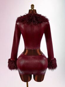 Amplova Women's Lace & Fur Trim 2 Pieces Set, Sexy Avant-Garde Ultra Low Waist Skirt With Side Ruching, Fur Trim Cuffs, Fitted Button-Down Top, Suitable For Date Outfits - Burgundy - View 2