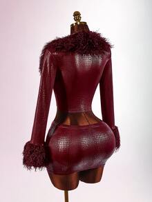 Amplova Women's Lace & Fur Trim 2 Pieces Set, Sexy Avant-Garde Ultra Low Waist Skirt With Side Ruching, Fur Trim Cuffs, Fitted Button-Down Top, Suitable For Date Outfits - Burgundy - View 9