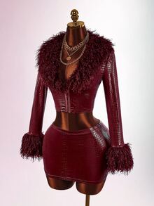 Amplova Women's Lace & Fur Trim 2 Pieces Set, Sexy Avant-Garde Ultra Low Waist Skirt With Side Ruching, Fur Trim Cuffs, Fitted Button-Down Top, Suitable For Date Outfits - Burgundy - View 3