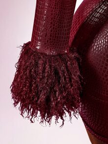 Amplova Women's Lace & Fur Trim 2 Pieces Set, Sexy Avant-Garde Ultra Low Waist Skirt With Side Ruching, Fur Trim Cuffs, Fitted Button-Down Top, Suitable For Date Outfits - Burgundy - View 6