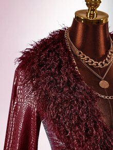 Amplova Women's Lace & Fur Trim 2 Pieces Set, Sexy Avant-Garde Ultra Low Waist Skirt With Side Ruching, Fur Trim Cuffs, Fitted Button-Down Top, Suitable For Date Outfits - Burgundy - View 8