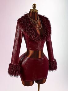 Amplova Women's Lace & Fur Trim 2 Pieces Set, Sexy Avant-Garde Ultra Low Waist Skirt With Side Ruching, Fur Trim Cuffs, Fitted Button-Down Top, Suitable For Date Outfits - Burgundy - View 1