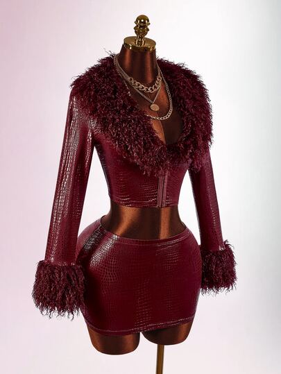Amplova Women's Lace & Fur Trim 2 Pieces Set, Sexy Avant-Garde Ultra Low Waist Skirt With Side Ruching, Fur Trim Cuffs, Fitted Button-Down Top, Suitable For Date Outfits