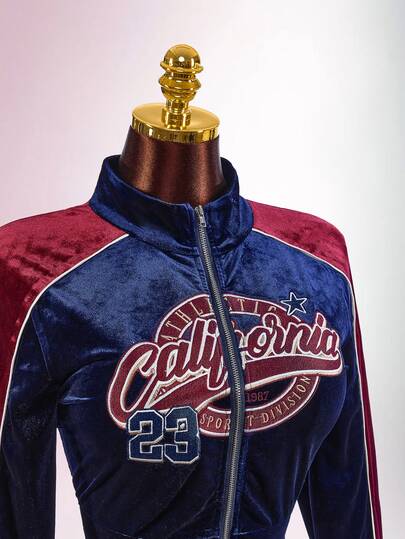 Amplova Sudadera de mujer de estilo béisbol Y2K de terciopelo con bordado de lujo, ajuste ceñido, cintura fruncida, cremallera y contraste de color, adecuada para campus, citas, uso diario, deportes y casual