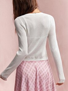 Willow Rêve 女款白色蕾絲拼接早午餐圓領開襟針織衫，優雅法式短版上衣，職場上衣，長袖上衣，教師穿搭，秋季 - 奶油色 - 查看 2