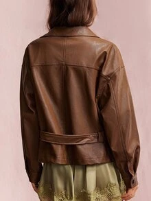 Willow Rêve Jaket Kulit Imitasi Longgar Wanita Warna Cokelat Tua, Pinggang Terikat, Kancing Depan, Saku Berpenutup, Warna Polos, Kasual Musim Gugur, Serbaguna untuk Kantor dan Acara Malam Hari - Coklat - View 6