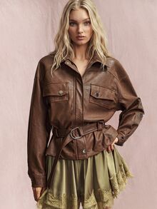 Willow Rêve Jaket Kulit Imitasi Longgar Wanita Warna Cokelat Tua, Pinggang Terikat, Kancing Depan, Saku Berpenutup, Warna Polos, Kasual Musim Gugur, Serbaguna untuk Kantor dan Acara Malam Hari - Coklat - View 3