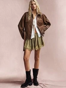 Willow Rêve Jaket Kulit Imitasi Longgar Wanita Warna Cokelat Tua, Pinggang Terikat, Kancing Depan, Saku Berpenutup, Warna Polos, Kasual Musim Gugur, Serbaguna untuk Kantor dan Acara Malam Hari - Coklat - View 4