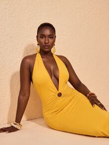 JIAN LASALA Gaun Bodycon Tanpa Lengan Leher V untuk Wanita Ukuran Plus Musim Semi Musim Panas Pantai dengan Cincin O - Kuning - View 5