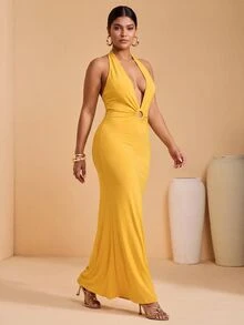 JIAN LASALA Gaun Bodycon Tanpa Lengan Leher V untuk Wanita Ukuran Plus Musim Semi Musim Panas Pantai dengan Cincin O - Kuning - View 8