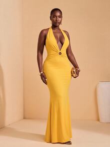 JIAN LASALA Gaun Bodycon Tanpa Lengan Leher V untuk Wanita Ukuran Plus Musim Semi Musim Panas Pantai dengan Cincin O - Kuning - View 3