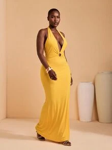 JIAN LASALA Gaun Bodycon Tanpa Lengan Leher V untuk Wanita Ukuran Plus Musim Semi Musim Panas Pantai dengan Cincin O - Kuning - View 6