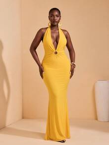 JIAN LASALA Gaun Bodycon Tanpa Lengan Leher V untuk Wanita Ukuran Plus Musim Semi Musim Panas Pantai dengan Cincin O - Kuning - View 4