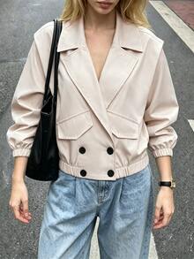 Struktiv 翻領雙排扣夾克 日常米色秋季法式街頭優雅早餐風 - 杏色 - 查看 5
