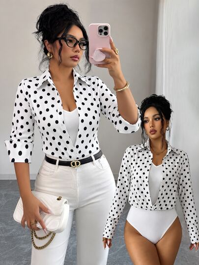 Elenzga White And Black Polka Dot 2 In 1 Women Blouse Bodysuit, Collared Long Sleeve V-Neck Tank Top Patchwork Slim Fit Office Autumn Elegant Smart Casual