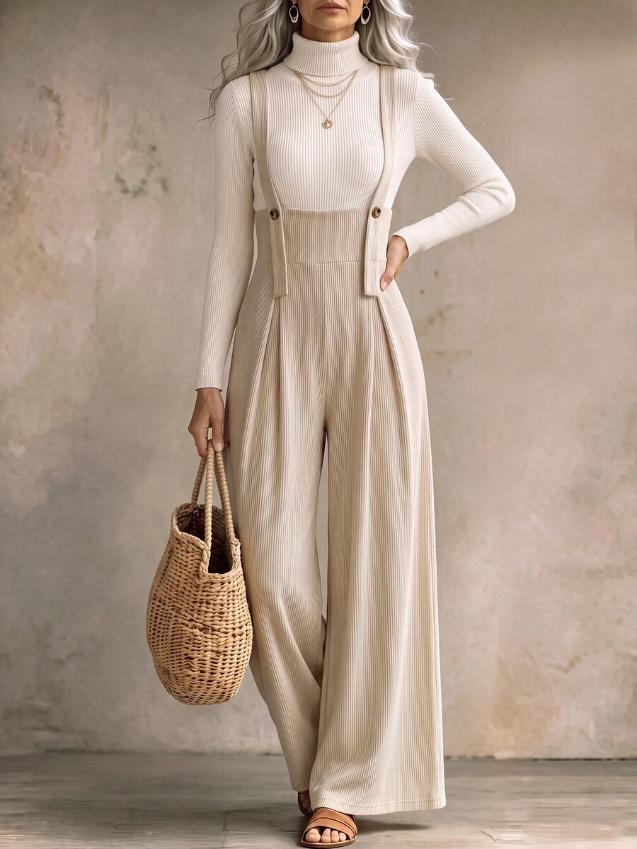Breezaya Women's Corduroy Button Design Wide Leg Overalls Vacation Beige Autumn French Elegant - Beige - View 1