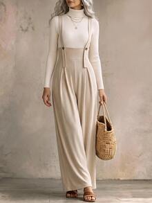 Breezaya Women's Corduroy Button Design Wide Leg Overalls Vacation Beige Autumn French Elegant - Beige - View 3