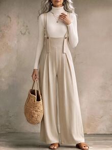 Breezaya Women's Corduroy Button Design Wide Leg Overalls Vacation Beige Autumn French Elegant - Beige - View 6