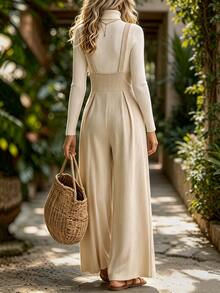 Breezaya Women's Corduroy Button Design Wide Leg Overalls Vacation Beige Autumn French Elegant - Beige - View 2