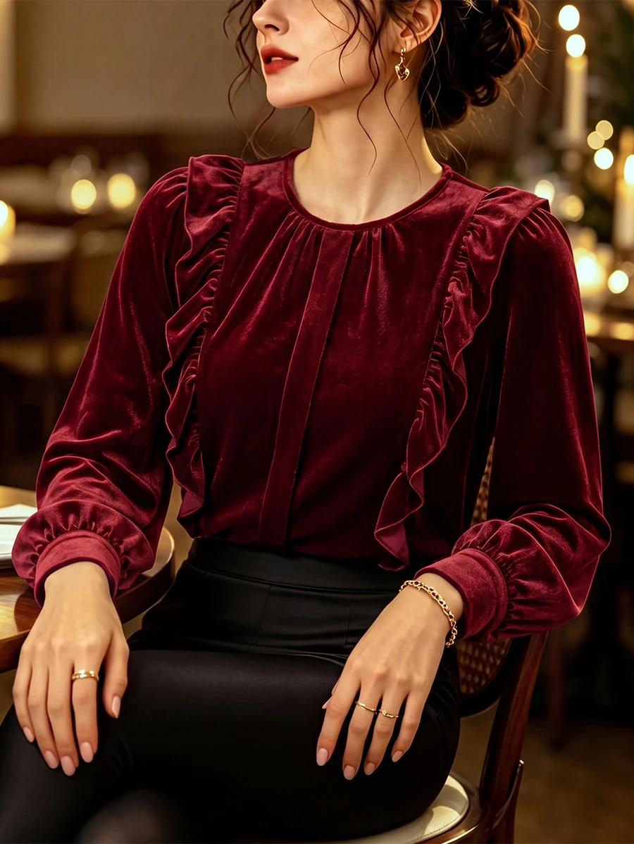 LUMIGAL Women's Velvet Long Sleeve Blouse, Round Neck, Ruffle Trim, Puff Cuff Sleeves, Loose Fit, Party Evening Fall Tops - Burgundy - View 1