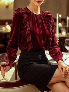 LUMIGAL Women's Velvet Long Sleeve Blouse, Round Neck, Ruffle Trim, Puff Cuff Sleeves, Loose Fit, Party Evening Fall Tops - Burgundy - View 9