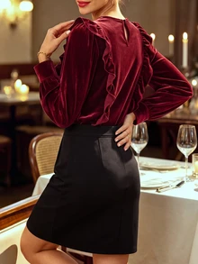 LUMIGAL Women's Velvet Long Sleeve Blouse, Round Neck, Ruffle Trim, Puff Cuff Sleeves, Loose Fit, Party Evening Fall Tops - Burgundy - View 2