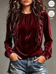 LUMIGAL Women's Velvet Long Sleeve Blouse, Round Neck, Ruffle Trim, Puff Cuff Sleeves, Loose Fit, Party Evening Fall Tops - Burgundy - View 8