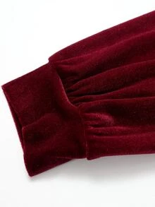 LUMIGAL Women's Velvet Long Sleeve Blouse, Round Neck, Ruffle Trim, Puff Cuff Sleeves, Loose Fit, Party Evening Fall Tops - Burgundy - View 4