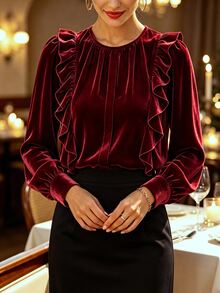 LUMIGAL Women's Velvet Long Sleeve Blouse, Round Neck, Ruffle Trim, Puff Cuff Sleeves, Loose Fit, Party Evening Fall Tops - Burgundy - View 5