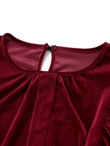 LUMIGAL Women's Velvet Long Sleeve Blouse, Round Neck, Ruffle Trim, Puff Cuff Sleeves, Loose Fit, Party Evening Fall Tops - Burgundy - View 7