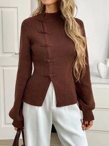 Elyressa Women's Autumn/Winter Solid Color Frog Button Design Long Sleeve Elegant Knit Cardigan - Brown - View 4