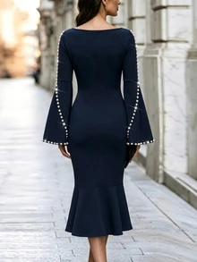 Balvessa 女款秋季服飾 人造珍珠裝飾休閒派對中長洋裝 - 藏蓝色 - 查看 2