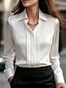 Balvessa Premium Unique Design Placket Line French Vintage Fashion Blouse, Versatile Classic Open Front Long Sleeve Shirt For Women, Suitable For Layering Or Wearing Alone - White - View 4