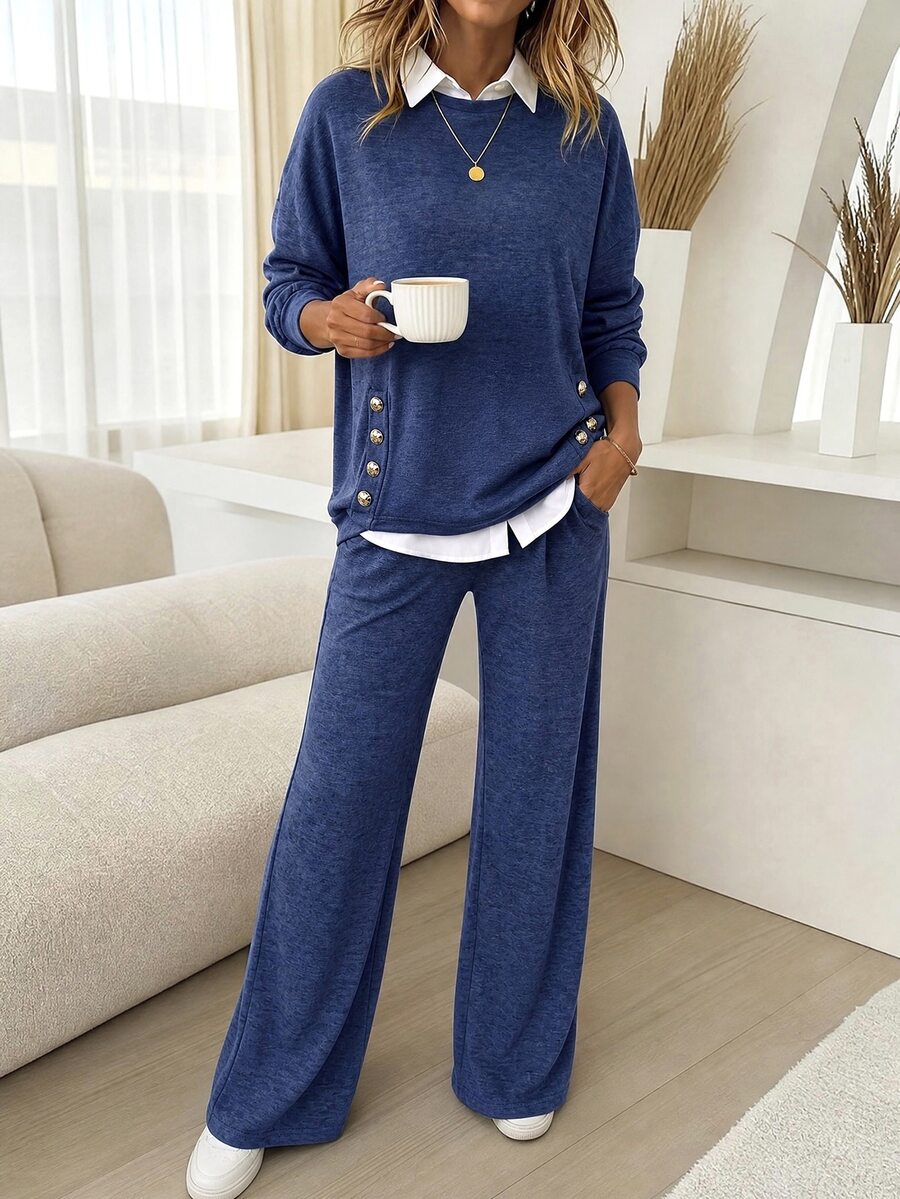 Holdful Holdful Women's 2 Pieces Set: Fashion Round Neck Knit Top With Metal Buttons And Slit Design, Elegant Vintage T-Shirt With Diagonal Pockets, Suitable For Commuting, Outings And Layering - Blue - View 1