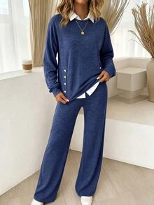 Holdful Holdful Women's 2 Pieces Set: Fashion Round Neck Knit Top With Metal Buttons And Slit Design, Elegant Vintage T-Shirt With Diagonal Pockets, Suitable For Commuting, Outings And Layering - Blue - View 6