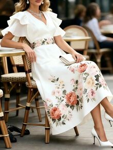 SHEIN LUNE Vestido elegante con volantes en capas y dobladillo, adecuado para ir al trabajo - Blanco - Ver 6