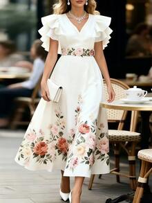 SHEIN LUNE Vestido elegante con volantes en capas y dobladillo, adecuado para ir al trabajo - Blanco - Ver 4