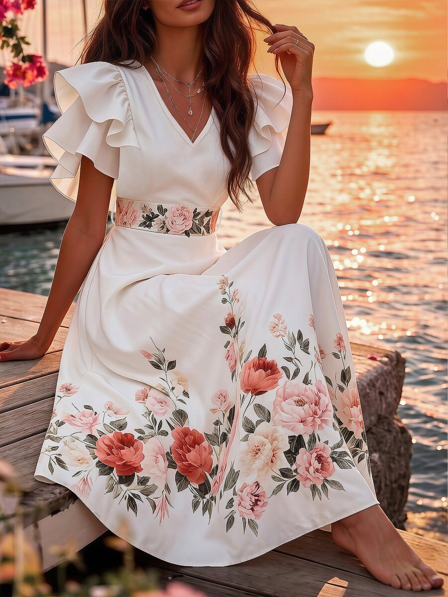 SHEIN LUNE Vestido elegante con volantes en capas y dobladillo, adecuado para ir al trabajo - Blanco - Ver 1