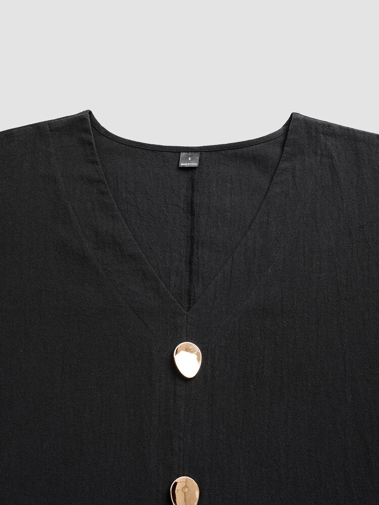 Vesra Women's Black V-Neck Loose Drape Metal Decor Maxi Dress - Black - View 7