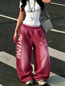 SuriyaCove Women's Letter Print Elastic Waist Gradient Loose Wide Leg Sweatpants - Multicolor - View 3