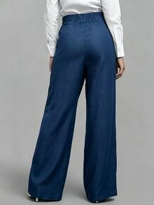 SHEIN Deep Blue Wrap-Around Criss-Cross Front Wide Leg Pants For Women, Wooden Button High Waist Faux Slit Design, Draped Floor-Length Trousers - Blue - View 2