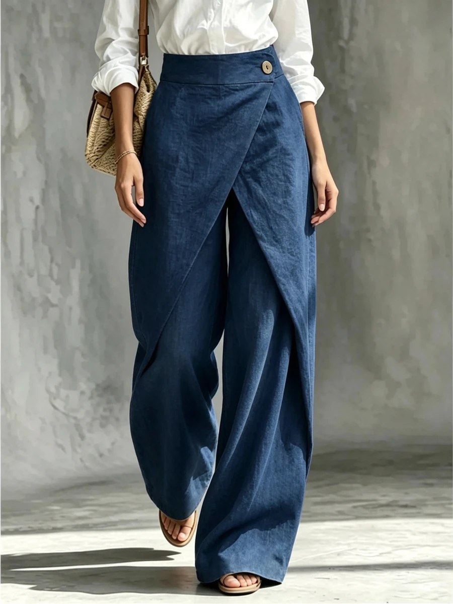 SHEIN Deep Blue Wrap-Around Criss-Cross Front Wide Leg Pants For Women, Wooden Button High Waist Faux Slit Design, Draped Floor-Length Trousers - Blue - View 1