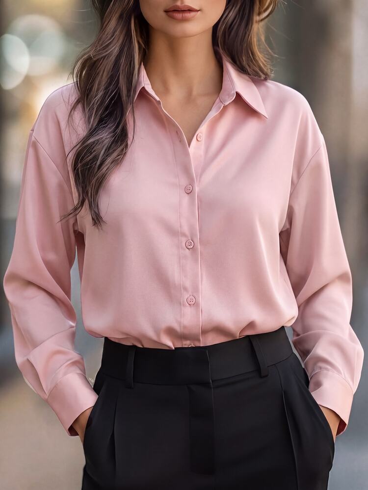 RosyDaze Women's Solid Color Long Sleeve Single-Breasted Casual Commute Shirt Teachers' Day Office Dusty Pink Autumn - Pink - View 3
