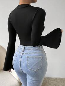 RosyDaze Mock Neck Flare Sleeve Bodysuit Fall Cloth For Women - Black - View 3