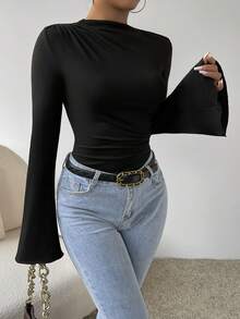 RosyDaze Mock Neck Flare Sleeve Bodysuit Fall Cloth For Women - Black - View 7
