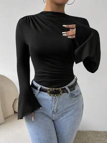 RosyDaze Mock Neck Flare Sleeve Bodysuit Fall Cloth For Women - Black - View 6