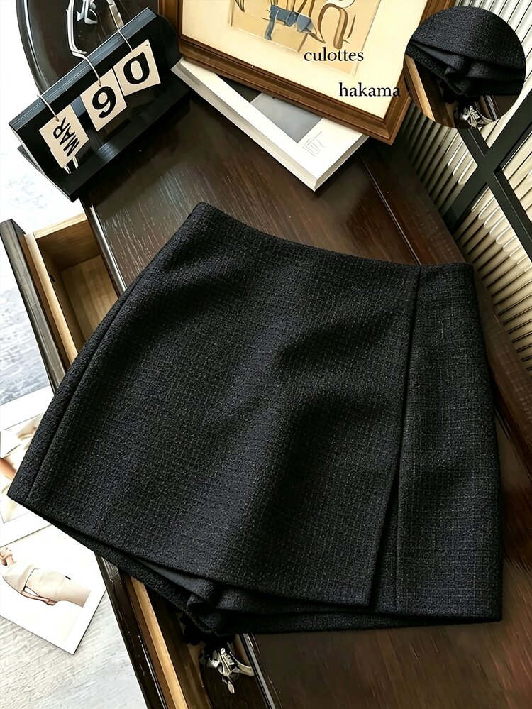 SHEIN Franclia 女款純色極簡 A 字開衩裙褲，秋冬款 - 黑色 - 查看 5